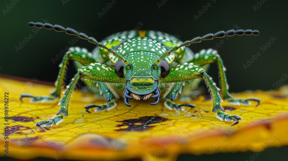 Naklejka premium Striking macro photography of a green beetle with white spots standing on a yellow leaf