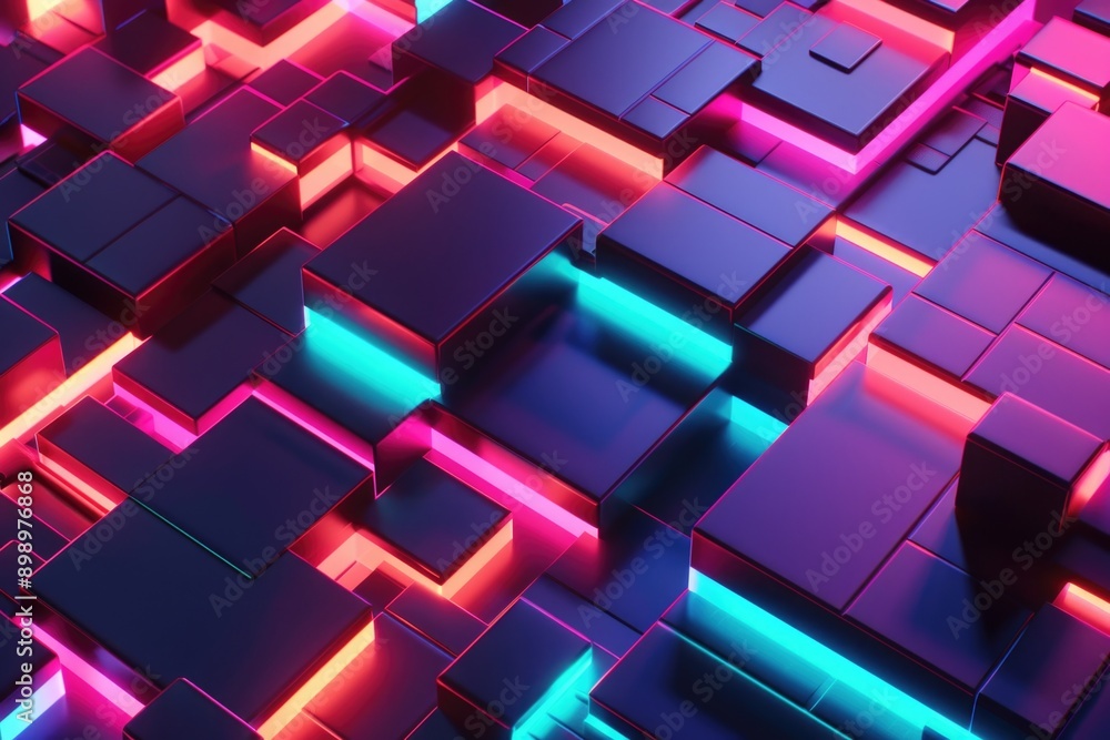 A cluster of cubes with bright neon lights emitting a vibrant glow A cluster of cubes with bright neon lights emitting a vibrant glow