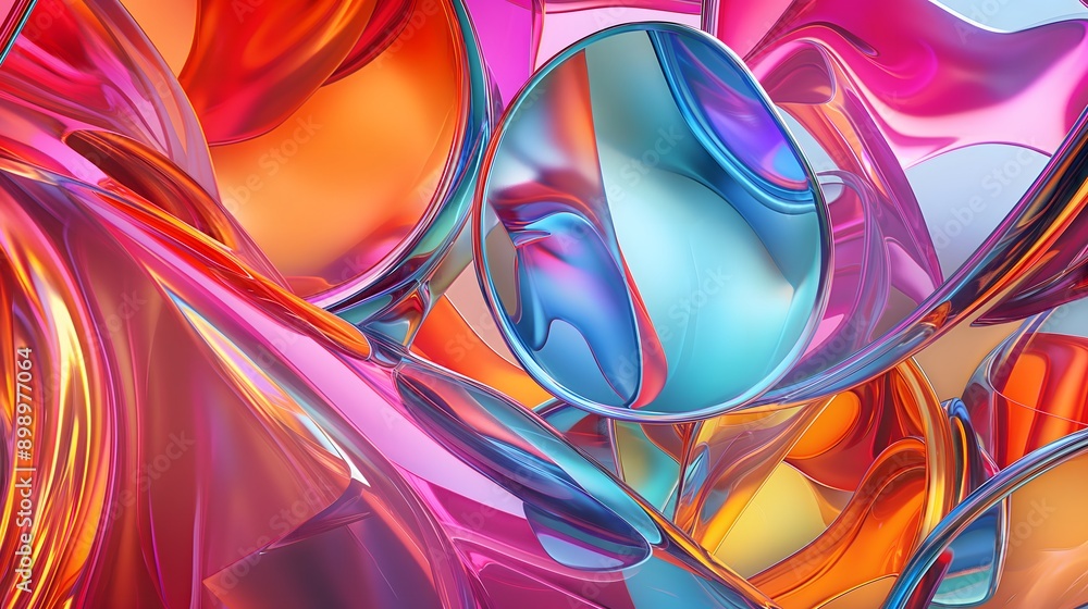 33. **Design a 3D abstract glass arrangement with reflective properties and high-gloss surfaces, set in front of a vivid, random color background 33. **Design a 3D abstract glass arrangement with reflective properties and high-gloss surfaces, set in front of a vivid, random color background