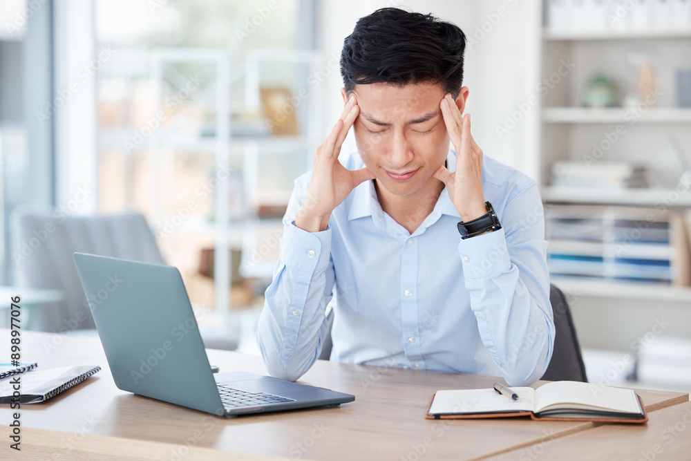 Businessman, pain and laptop with headache in office for deadline stress, burnout or overworked. Tension, chinese person or migraine with anxiety for stock market crash, trading mistake or 404 glitch Businessman, pain and laptop with headache in office for deadline stress, burnout or overworked. Tension, chinese person or migraine with anxiety for stock market crash, trading mistake or 404 glitch