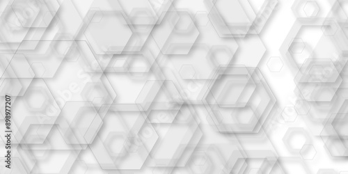 Vector pattern with hexagonal white and gray technology line paper background.  white and gray hexagon honeycomb geometric copy space.  Hexagonal 3d grid tile and mosaic structure mess cell.