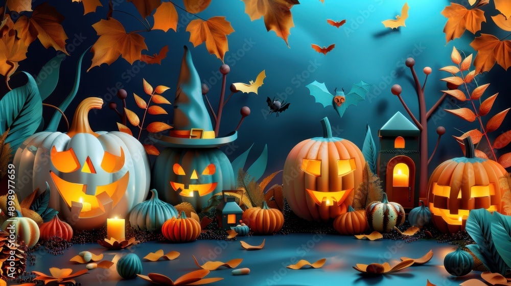 Smiling jack-o'-lanterns, cheerful Halloween scene, flat design illustration Smiling jack-o'-lanterns, cheerful Halloween scene, flat design illustration