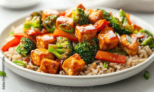 A colorful plate of tofu stir fry with broccoli, red peppers, and sesame seeds on rice. Generate AI