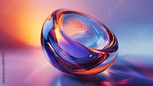 31. **Create a 3D render of a high-gloss, transparent glass object with intricate refractions, set against a bold, random color background photo