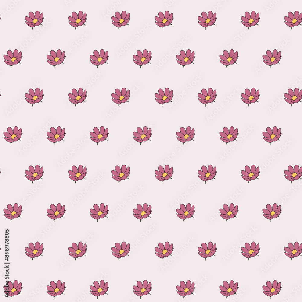 The image shows a pattern of pink cosmos flowers with yellow centers, arranged symmetrically in rows and columns on a light pink background, creating a harmonious and charming design. The image shows a pattern of pink cosmos flowers with yellow centers, arranged symmetrically in rows and columns on a light pink background, creating a harmonious and charming design.