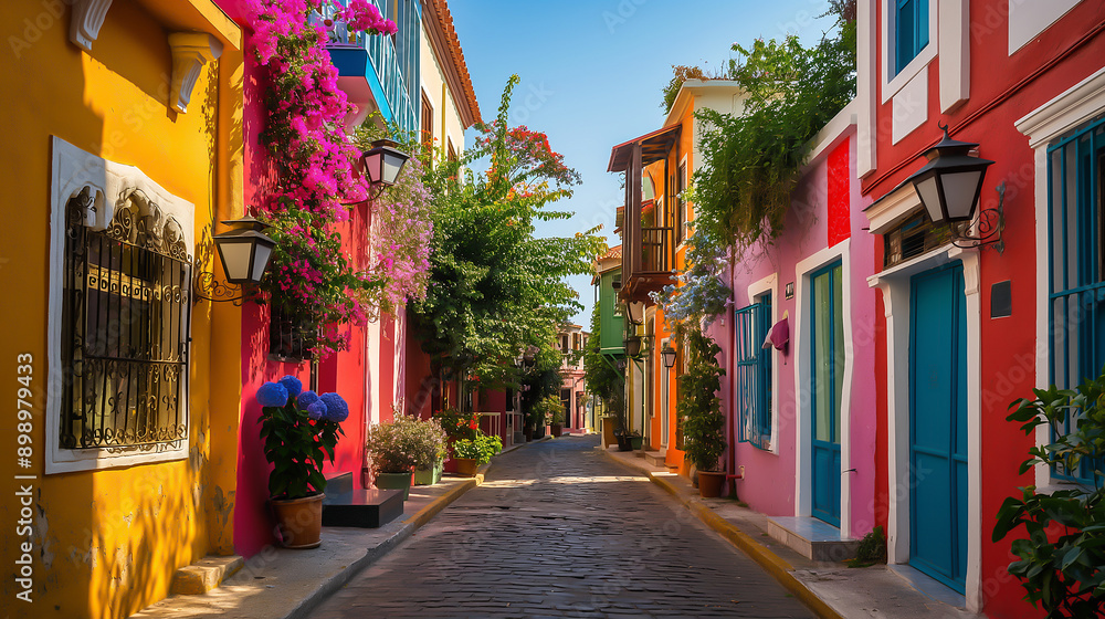 A charming street with colorful buildings A charming street with colorful buildings