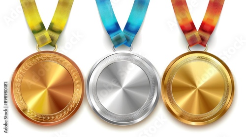 Gold, silver, and bronze medals with ribbons, ideal for athlete winners, isolated on white transparent background.