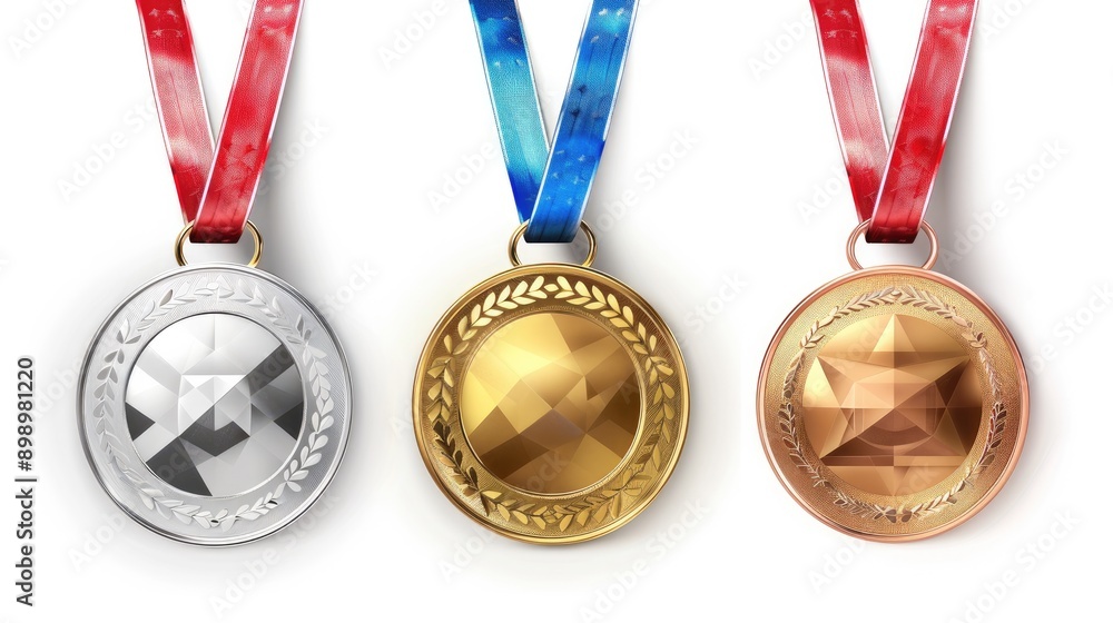 Gold, silver, and bronze medals with ribbons, isolated on white transparent background, perfect for sports awards. Gold, silver, and bronze medals with ribbons, isolated on white transparent background, perfect for sports awards.