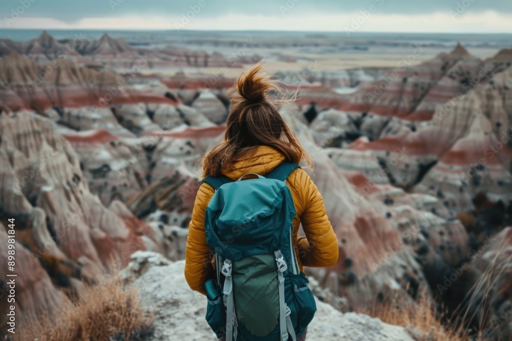 Fototapeta premium A woman hikes through the badlands with a backpack, offering scenic views