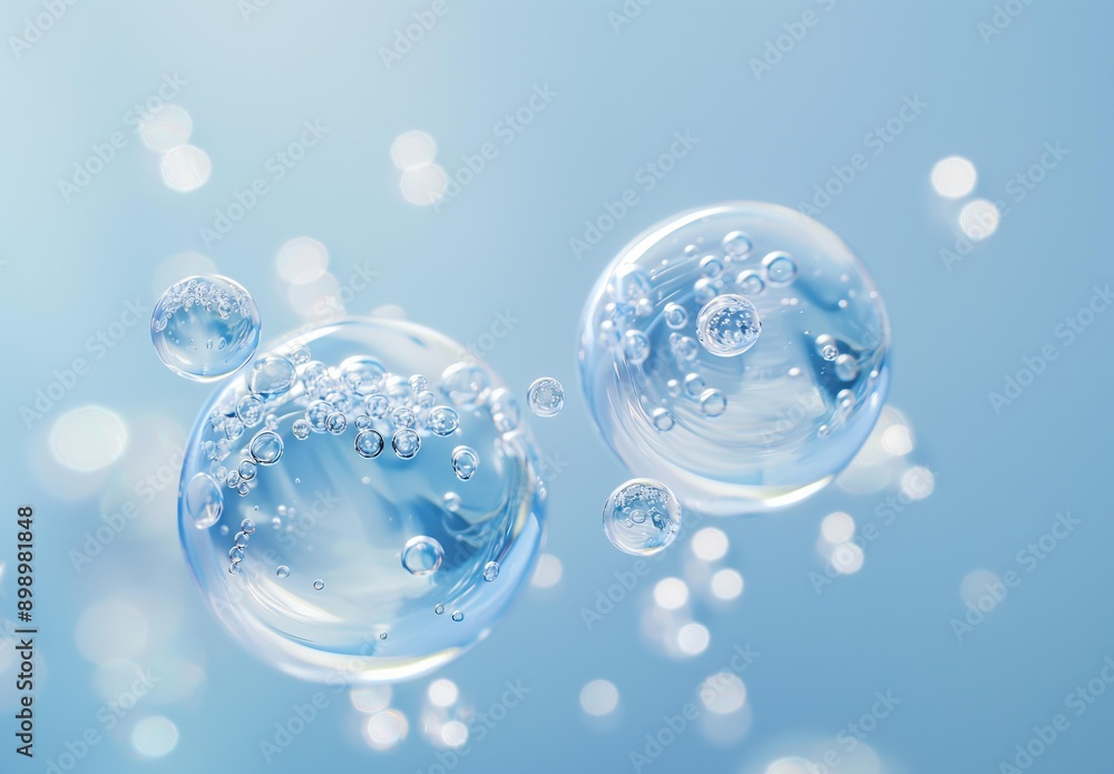 Intricate bubbles floating against a soft blue gradient background with bokeh lighting effects.
