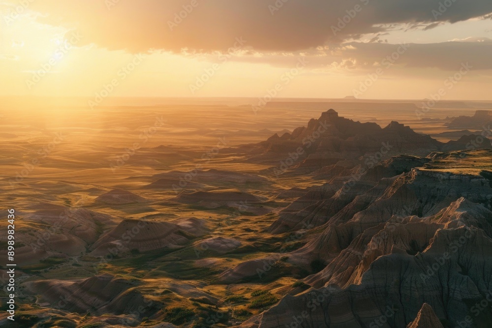 A serene landscape with the sun setting behind the mountains in the distance A serene landscape with the sun setting behind the mountains in the distance