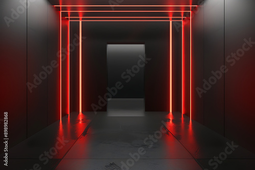 Futuristic corridor with red neon lights. 3D rendering.