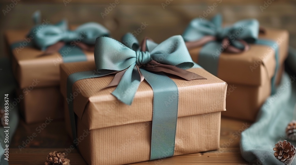 Beautifully Wrapped Presents with Blue Ribbons and Brown Paper Beautifully Wrapped Presents with Blue Ribbons and Brown Paper