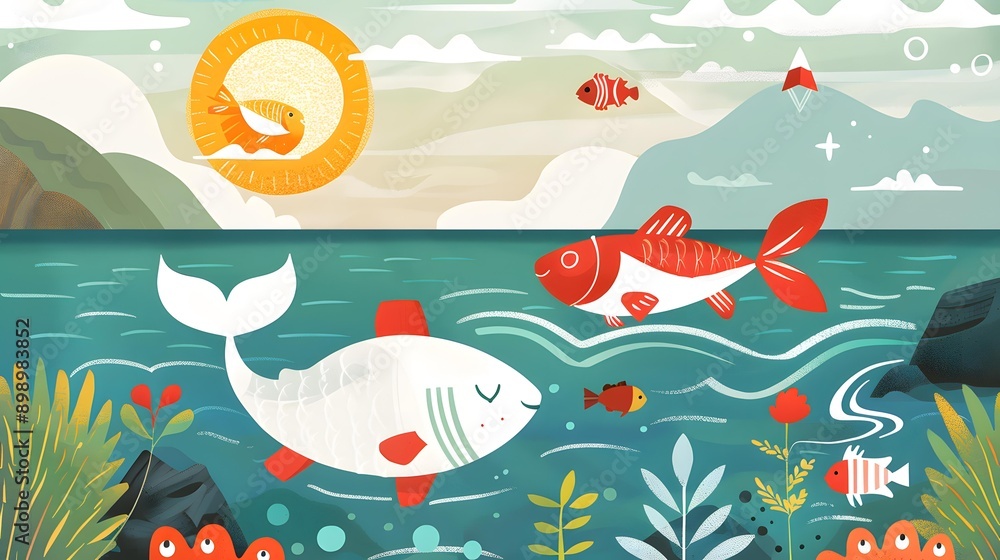 Cute Fish Illustration With Sun and Mountains in the Background Cute Fish Illustration With Sun and Mountains in the Background