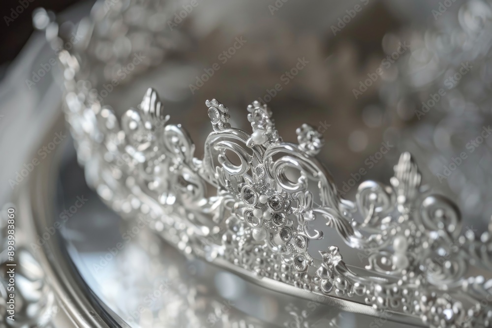 A luxurious silver crown resting on a decorative silver plate, perfect for royalty or awards themes A luxurious silver crown resting on a decorative silver plate, perfect for royalty or awards themes