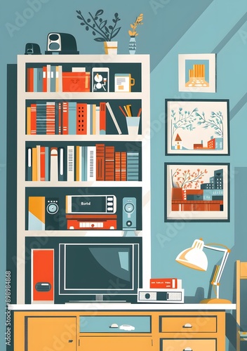 Wallpaper Mural Home Decor with Bookshelf, TV, and Desk Lamp Torontodigital.ca