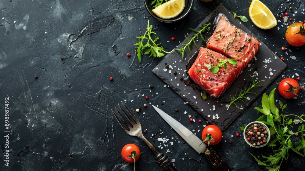 Tasty tuna steak with omega benefits on dark background Tasty tuna steak with omega benefits on dark background