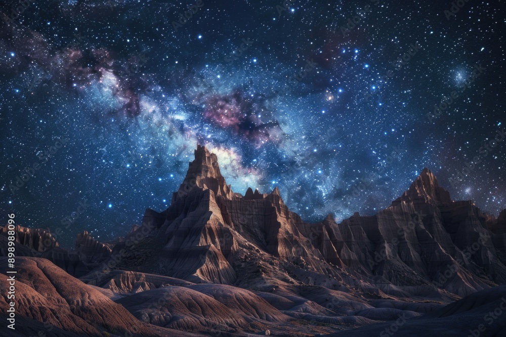 A mountain stands out against a dark blue night sky, illuminated by starlight A mountain stands out against a dark blue night sky, illuminated by starlight