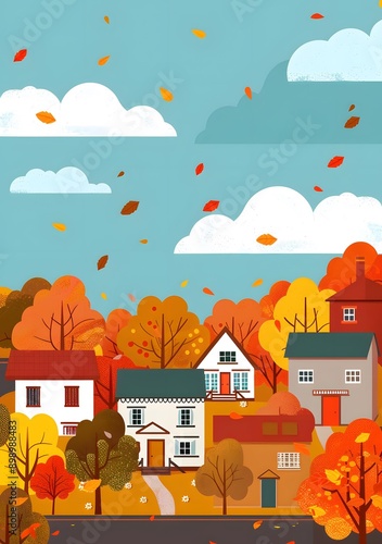 Autumn Illustration of Houses and Trees