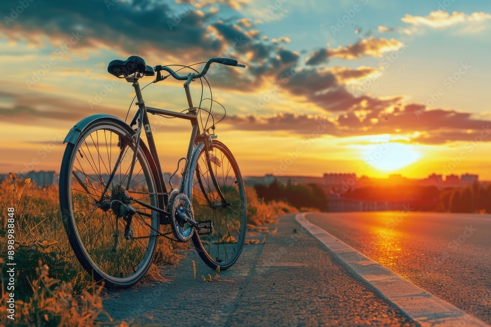 Fototapeta premium A bicycle parked on the side of a road with a calm atmosphere