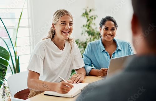 Business people, meeting and collaboration with professional, notebook and press staff. Working, planning and smile and publisher company with communication and brainstorming for creative ideas