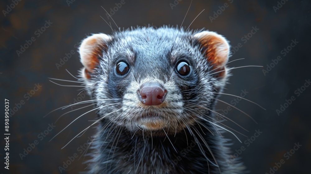 Curious ferret is posing on a dark background, its bright eyes staring intently Curious ferret is posing on a dark background, its bright eyes staring intently