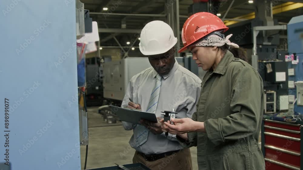 Medium shot of female Hispanic engineer scaling metal detail with vernier caliper and telling results to male Black supervisor who writing data into report while controlling output quality in plant Medium shot of female Hispanic engineer scaling metal detail with vernier caliper and telling results to male Black supervisor who writing data into report while controlling output quality in plant