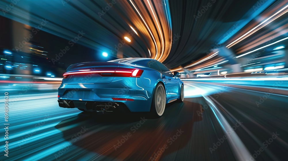 Naklejka premium Blue Car Speeding Through Neon Cityscape