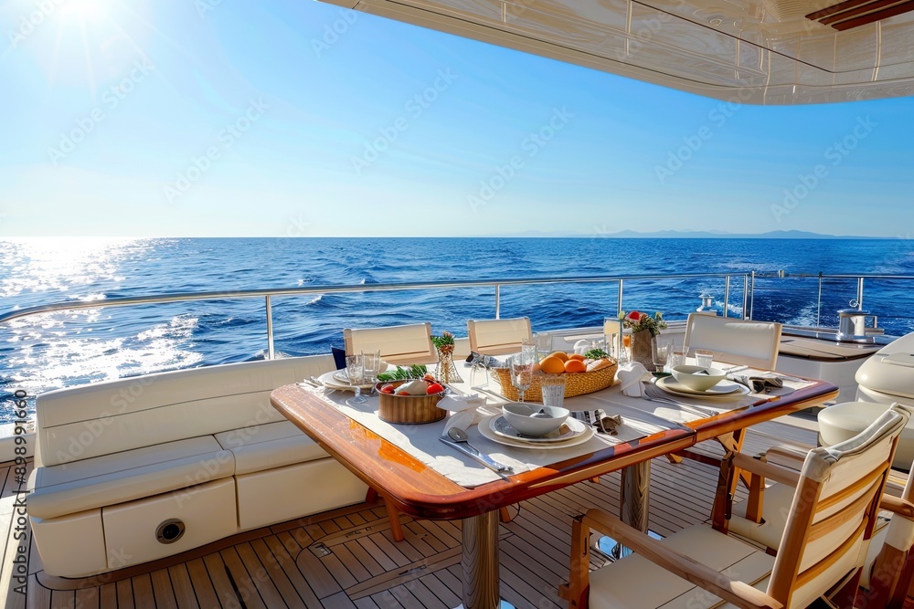 Fototapeta premium Luxury yacht dining table with ocean view.
