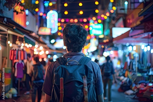 Man walking through a bustling night market.