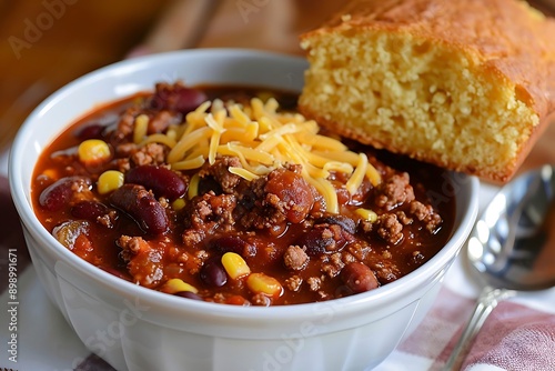 Bowl of delicious chili con carne on wooden table