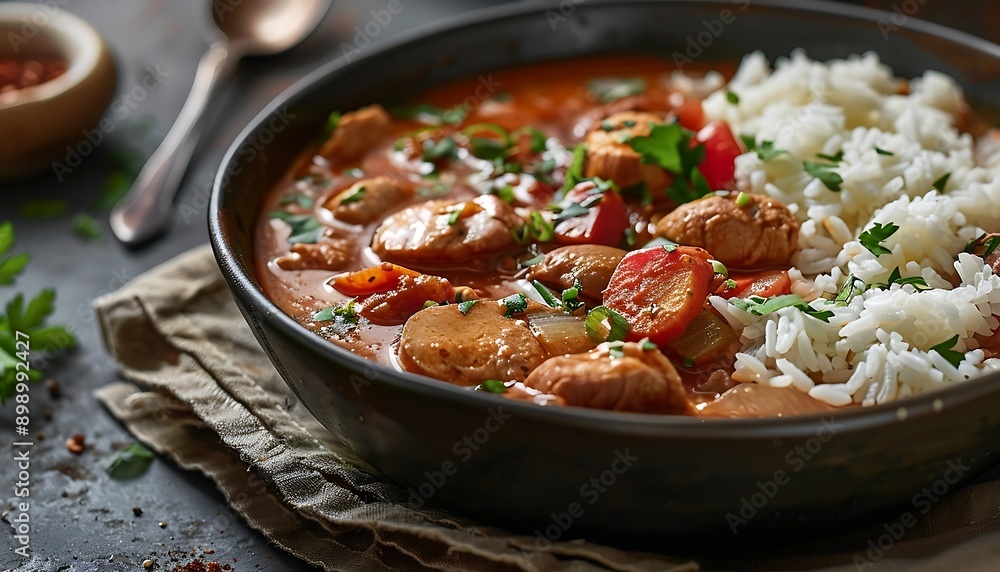 A bowl of chicken curry with rice on a wooden table