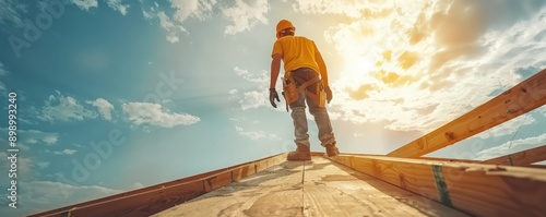 Construction Worker Installing Timber Beams on Roof Framing, Building a New Home, Roof Trusses, Residential Construction, Skilled Labor, Building Trades, Roofing Contractor, Home Renovation, Framing photo