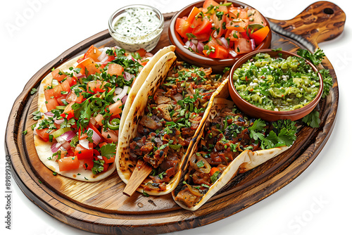 Board and plate of tasty Chila with on white background. photo