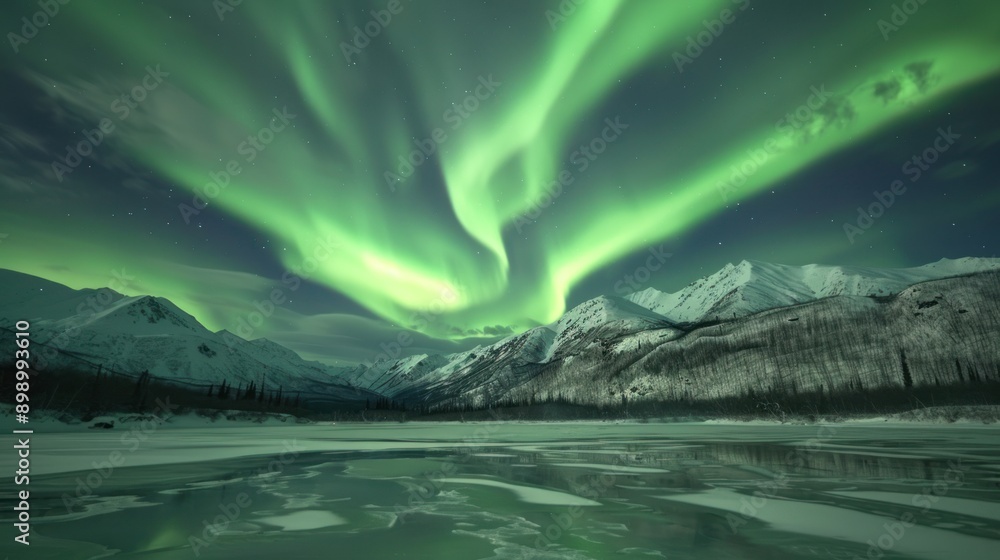 Fototapeta premium Northern Lights Dancing Over Frozen Lake and Mountains