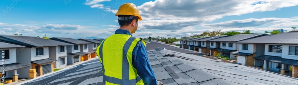 Roofing Worker Inspecting Timber Beams on New Building Roof Construction Site, Precision Roofing Expertise Roofing Worker Inspecting Timber Beams on New Building Roof Construction Site, Precision Roofing Expertise