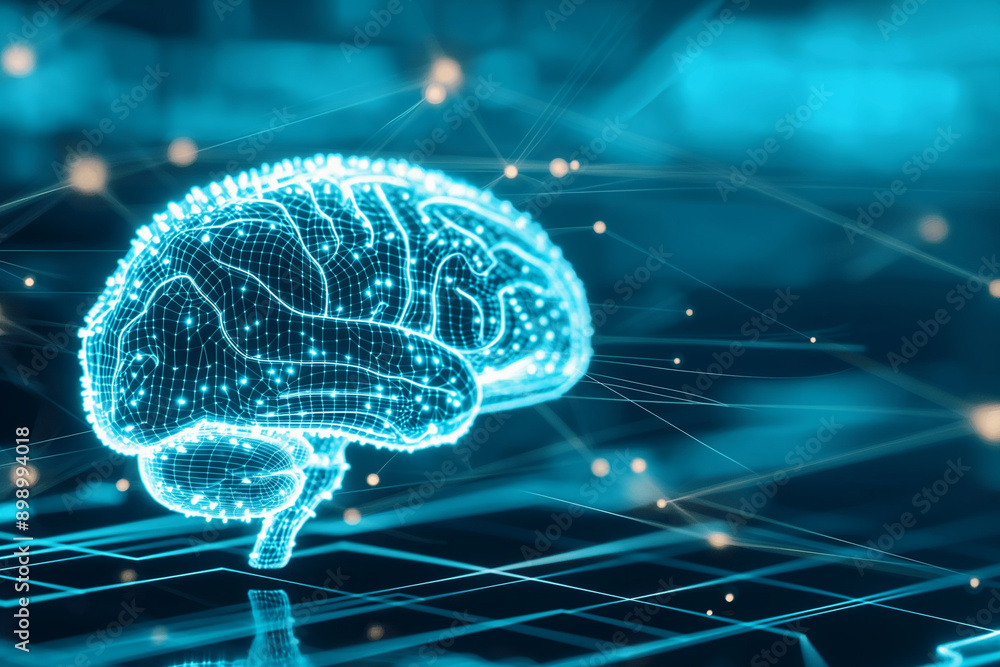 A blue digital brain with glowing connections, symbolizing advanced AI ...