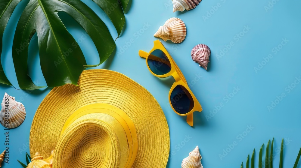 Fototapeta premium Summer yellow banner with yellow hat ,sunglasses,seashell and monstera leaf on yellow background