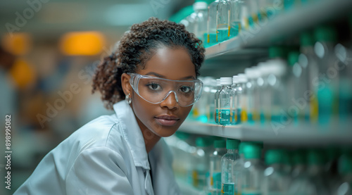 Medical bio laboratory, Research, Science test technology. Pharmaceutical lab specialist examines medicine vials, hospital patient samples. Medical student conducts research. Realistic style photo