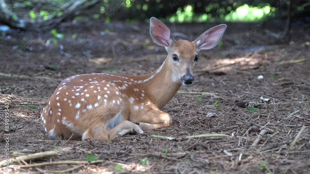 White-tailed deer fawn resting under pine trees on a hot summer afternoon. White-tailed deer fawn resting under pine trees on a hot summer afternoon.