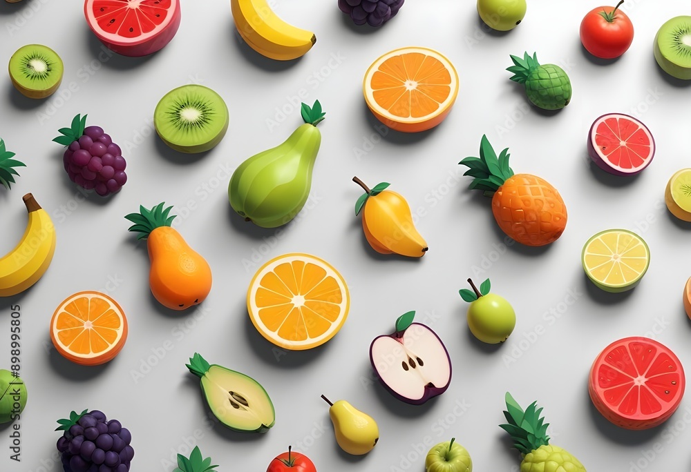 flat design sticker pattern of a fruits against a plain white background, high detail, volumetric lighting,dimensional 3D illumination flat design sticker pattern of a fruits against a plain white background, high detail, volumetric lighting,dimensional 3D illumination
