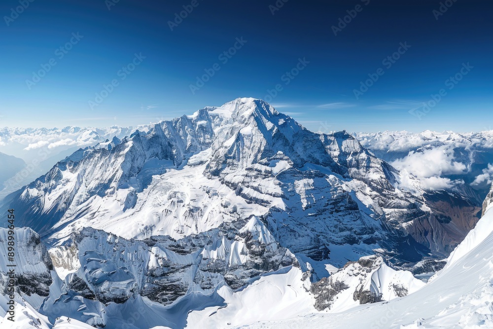 Obraz premium A person standing on the summit of a snow-covered mountain, with breathtaking views