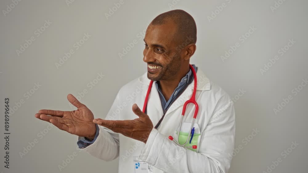 Male doctor with stethoscope gesturing and smiling against isolated white background Male doctor with stethoscope gesturing and smiling against isolated white background