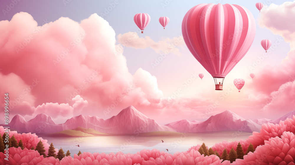 Obraz premium Pastel Landscape With Pink Hot Air Balloons Over Mountainous Terrain