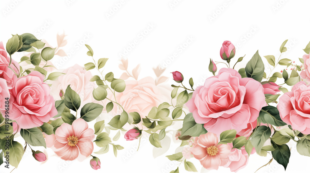 Pink Roses And Greenery Detailed Floral Arrangement With Pink Roses Buds And Leaves In A Delicate Design Pink Roses And Greenery Detailed Floral Arrangement With Pink Roses Buds And Leaves In A Delicate Design