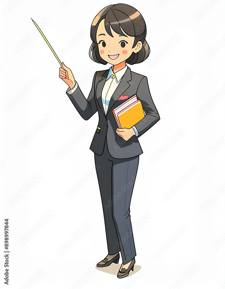 指示棒を持った、スーツを着た若い女性。 指示棒を持った、スーツを着た若い女性。