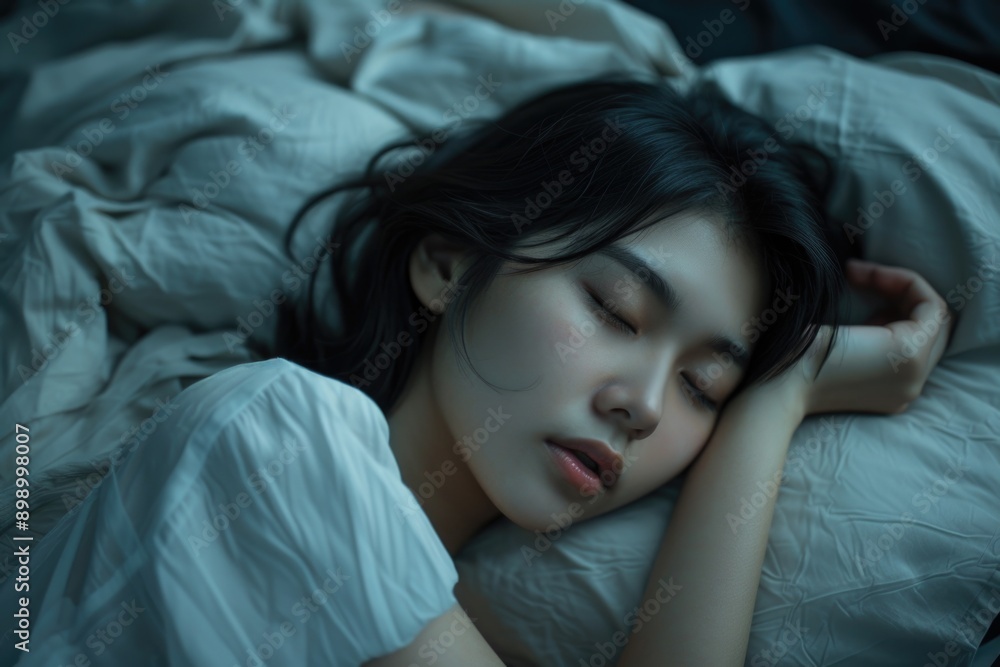 A person relaxing in a bedroom, lying down and closing their eyes A person relaxing in a bedroom, lying down and closing their eyes