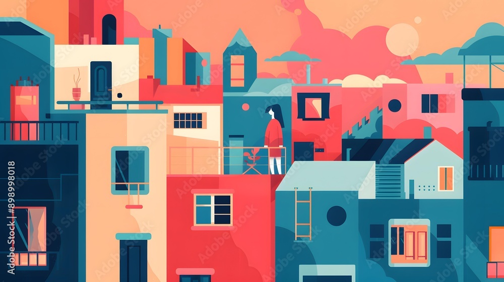 Woman Standing on a Rooftop in a Colorful Cityscape Woman Standing on a Rooftop in a Colorful Cityscape