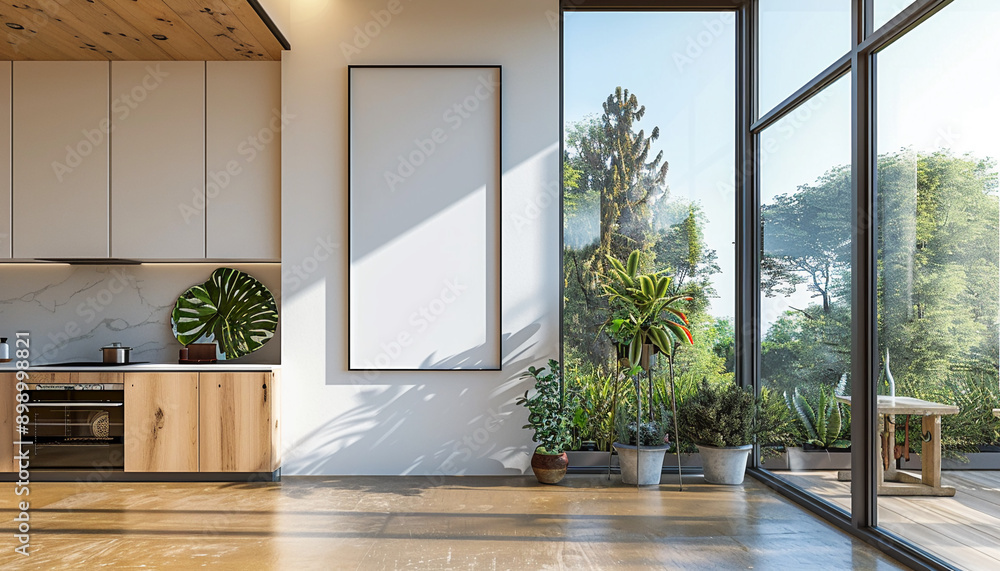 Obraz premium Contemporary kitchen large windows with empty frame