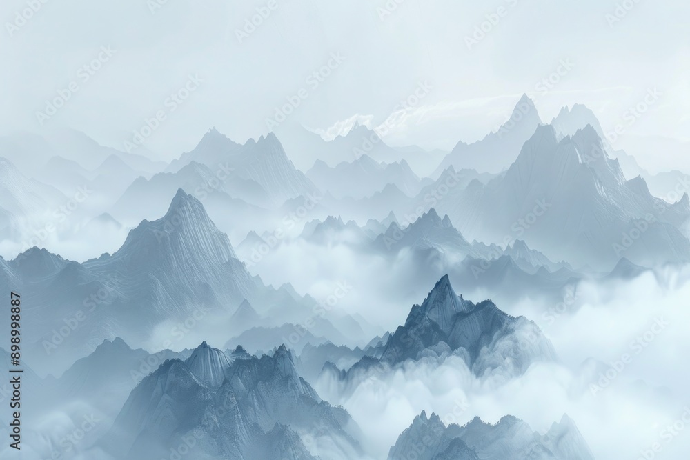 A majestic mountain range hidden in thick clouds, with misty peaks and valleys A majestic mountain range hidden in thick clouds, with misty peaks and valleys